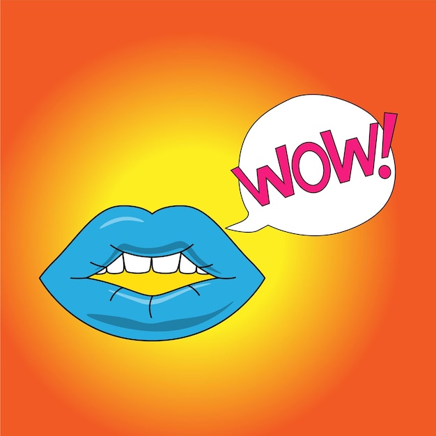 Pop art Female lips Glamour woman with speech bubble Wow saying Trendy girl face part Sexy smile Kissing sensual mouth Blue lipstick Bright makeup Vector comic retro background