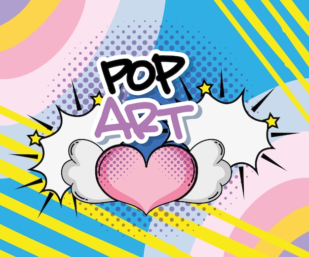 Vector pop art heart and clouds cute cartoons vector illustration graphic design