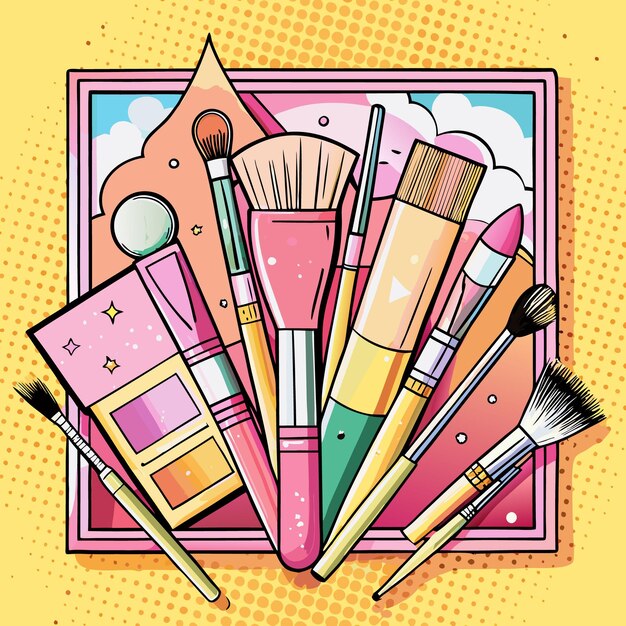 Vector a pop art illustration of makeup brushes and a makeup palette in a square frame with a yellow polka dot background