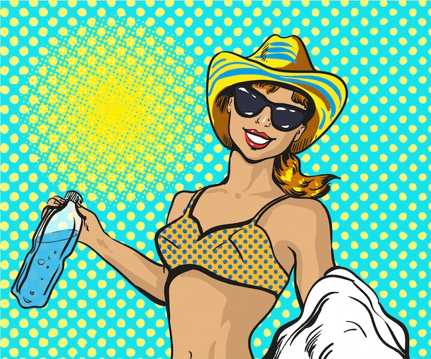  pop art illustration of woman in swimsuit on beach