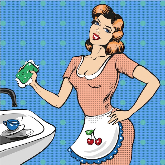 Vector  pop art illustration of woman washing the dishes