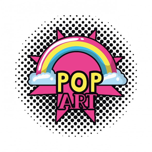 Pop art label rainbow with clouds