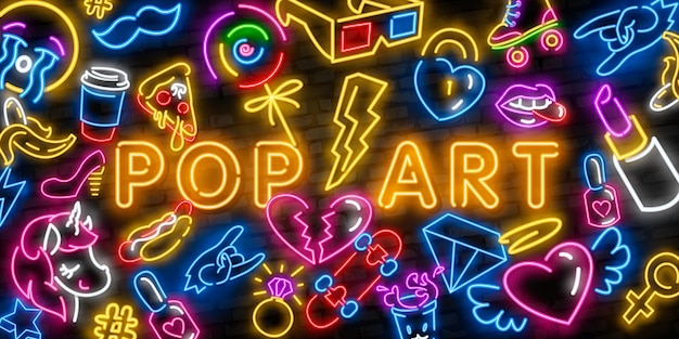 Pop art neon icons set