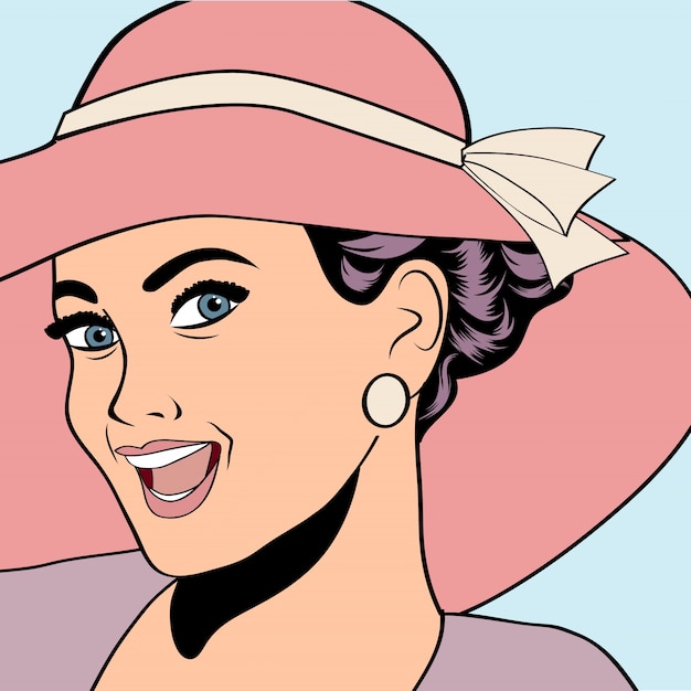 pop art retro woman with sun hat in comics style