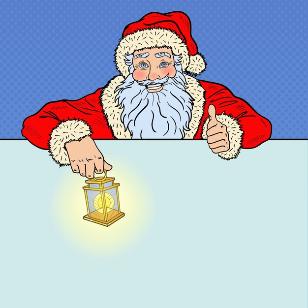 Pop Art Santa Claus with Advertising Empty Banner. Merry Christmas and Happy New Year Greeting Card.  illustration