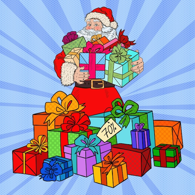 Pop Art Santa Claus with Christmas Gifts.  