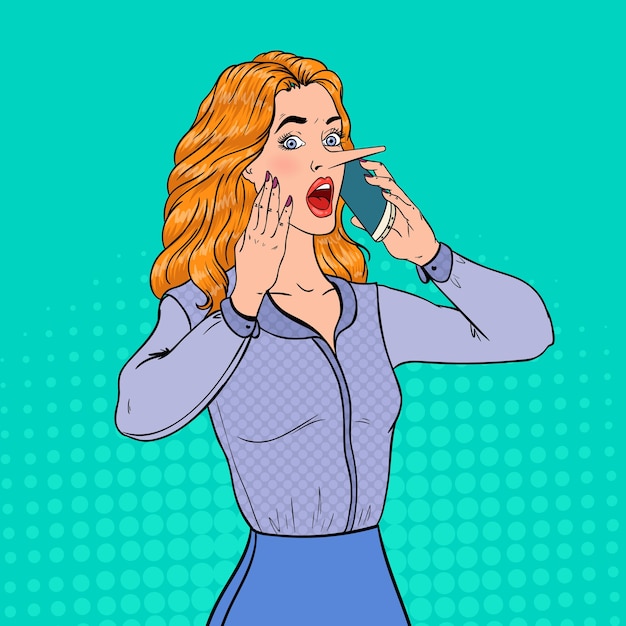 Pop Art Shocked Woman with Long Nose Talking on Smartphone. Fake News Concept. 