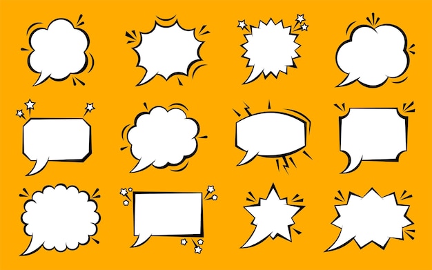 Pop art speech bubble set Comic text message balloon Cartoon boom burst wow effect empty frame Fun sketch shapes speak cloud banner Blank social media dialog template Web chat comment sign icons