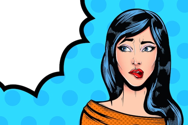 Pop Art Vintage  comic girl with speech bubble. Confused thinking pretty girl