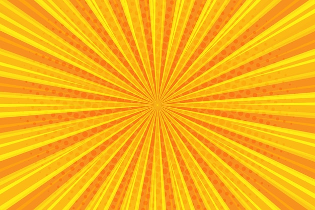 Pop art yellow rays sunburst pattern background vector illustration with halftone