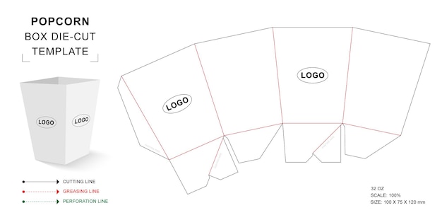 Popcorn box 32 Oz Die cut template