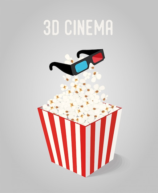 Popcorn in box with 3d glasses for cinema