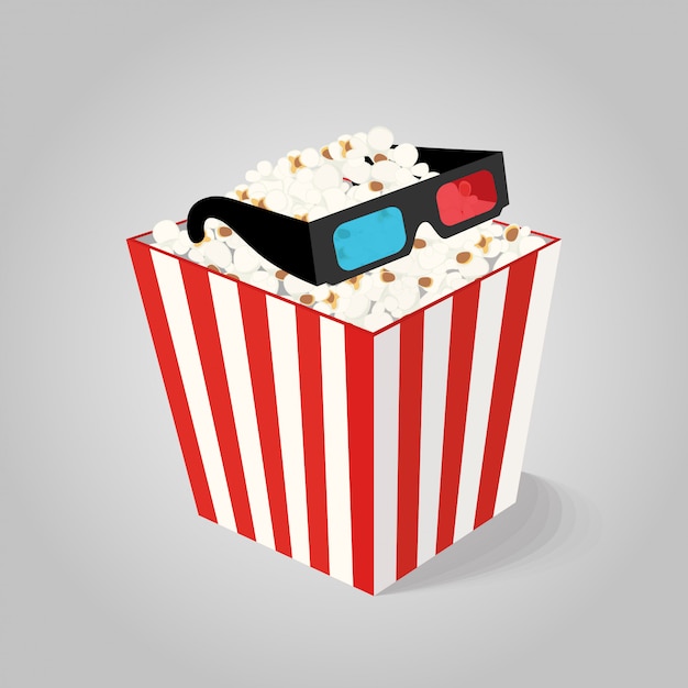 Popcorn in box with 3d glasses for cinema