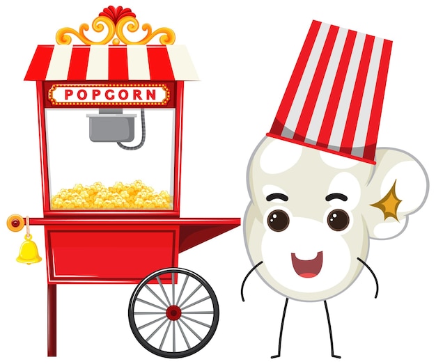 Vector popcorn cart with popcorn cartoon character