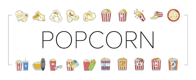 Popcorn corn pop cinema icons set vector