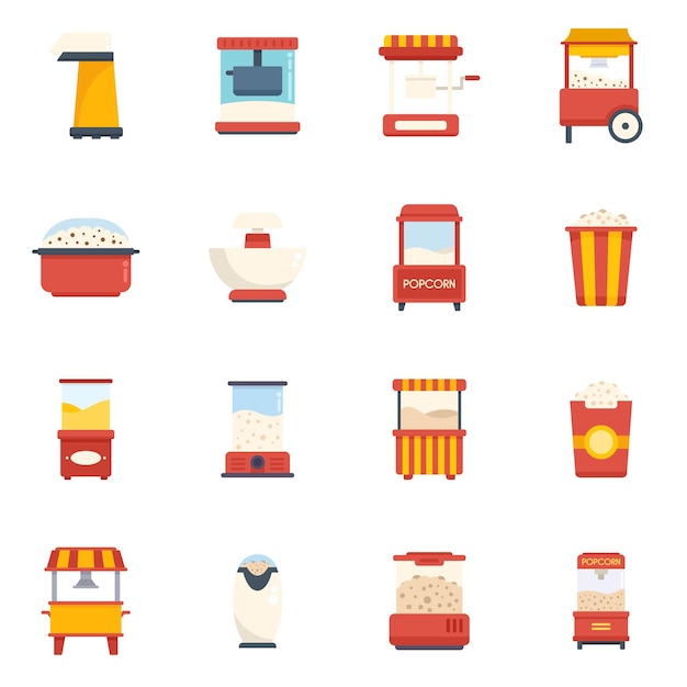 Popcorn maker machine icons set flat vector Cinema corn