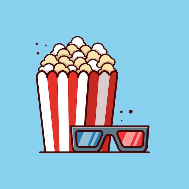 Popcorn and movie glasses cartoon vector icon illustration