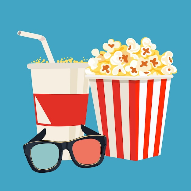 Vector popcorn soda glass and 3d movie glasses isolated on turquoise background elements on the theme