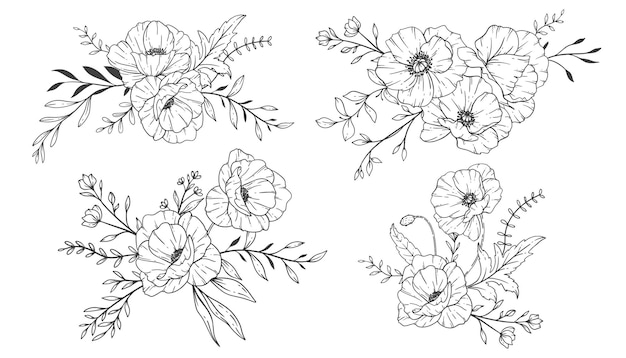 Poppy Flower Line Art Fine Line Poppy Bouquets Hand Drawn Illustration Coloring Page with Flowers