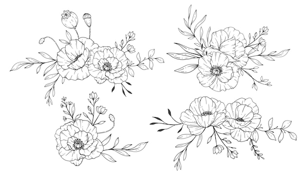 Poppy Flower Line Art Fine Line Poppy Bouquets Hand Drawn Illustration Coloring Page with Flowers