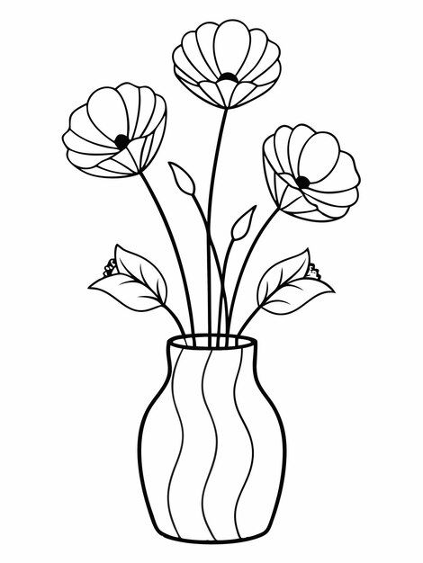 Vector poppy flower vase colouring book pages for children and adults with vector design