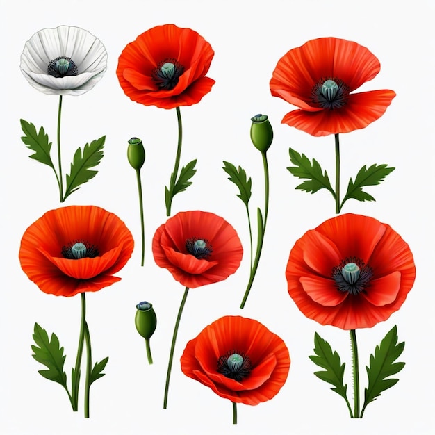 Vector poppy vector set white background isolated a high qua