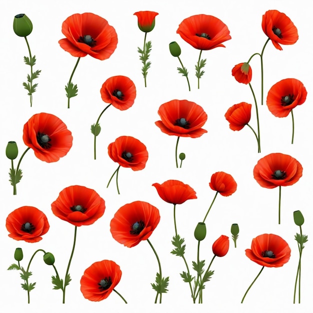 Vector poppy vector set white background isolated a high quality