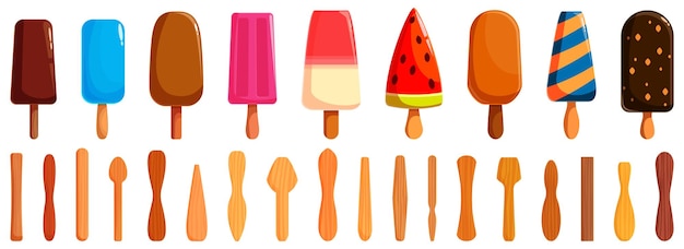 Vector popsicle stick icons set collection of delicious and refreshing ice cream on wooden sticks for hot summer days