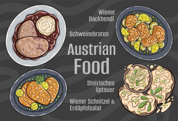 Popular Austrian National Cuisine Set Handdrawn vector illustration on a dark background