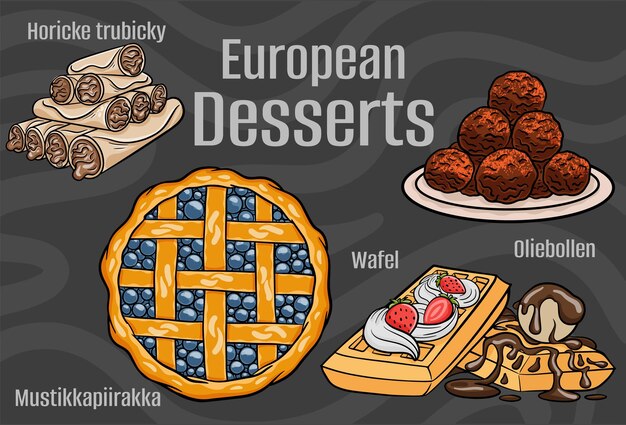 Vector popular desserts and sweets of european cuisines handdrawn vector illustration