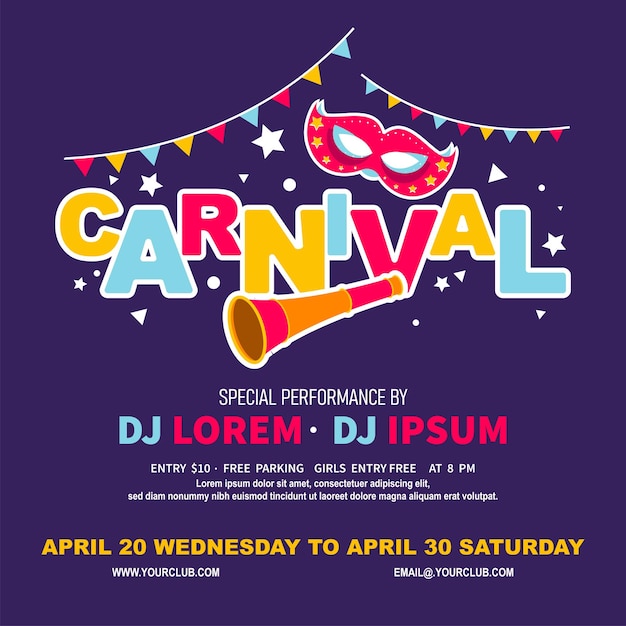 Popular event in Brazil Flyer design with colorful party elements and the title Carnival