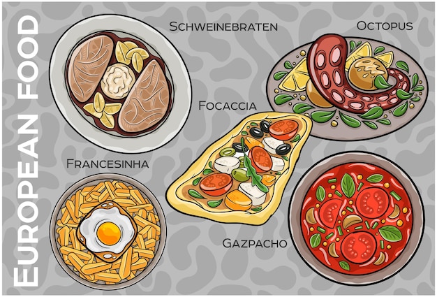 Popular Western Central European Food Set Handdrawn Vector