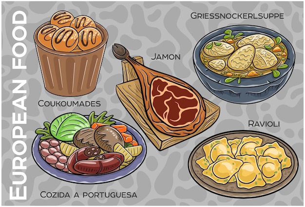 Popular Western Central European Food Set Handdrawn Vector