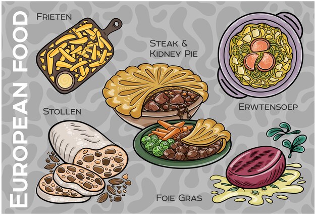 Popular Western Central European Food Set Handdrawn Vector