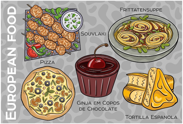 Popular Western Central European Food Set Handdrawn Vector