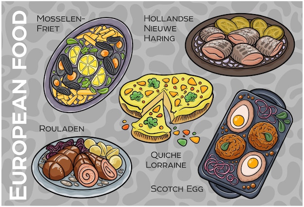 Popular Western Central European Food Set Handdrawn Vector