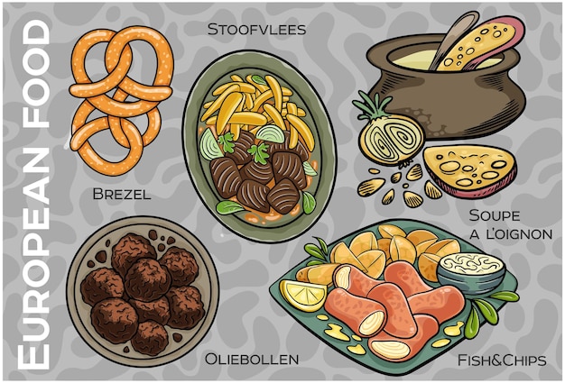 Popular Western Central European Food Set Handdrawn Vector