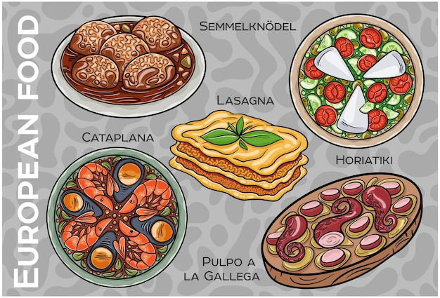 Popular Western Central European Food Set Handdrawn Vector