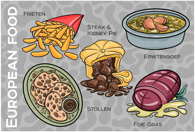 Popular Western Central European Food Set Handdrawn Vector