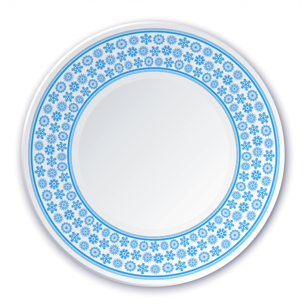 Vector porcelain plate on a painting of a blue snowflakes on a white background