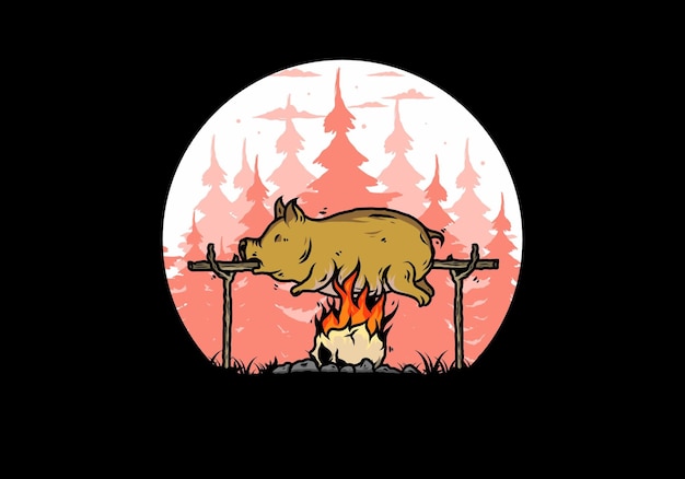 Pork roast on fire illustration design