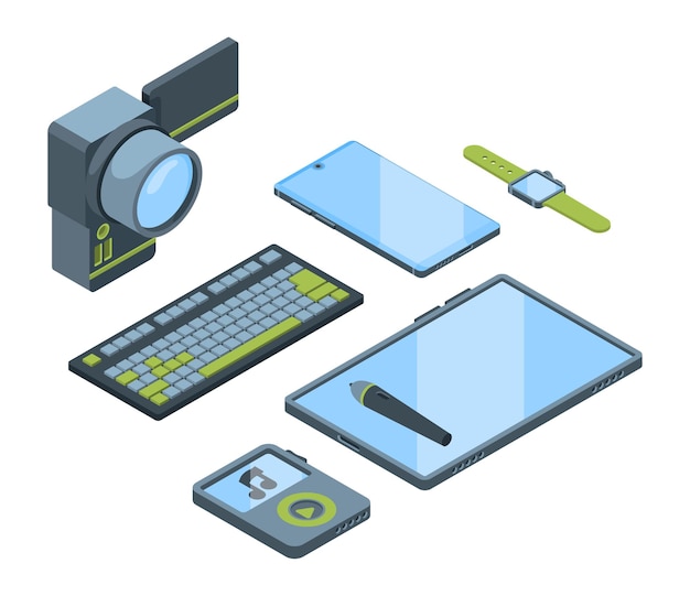 Portable gadgets isometric 3D set. Collection of electronic devices isolated cliparts pack. Smartphone, smartwatch, digital tablet. Computer keypad, video camera, music player