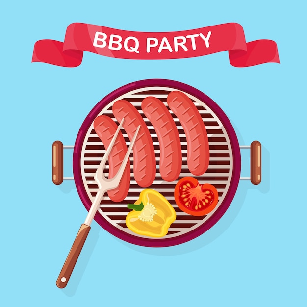 Portable round barbecue with grill sausage,  fried vegetables  BBQ device for picnic, family party. Barbeque icon. Cookout event concept.   