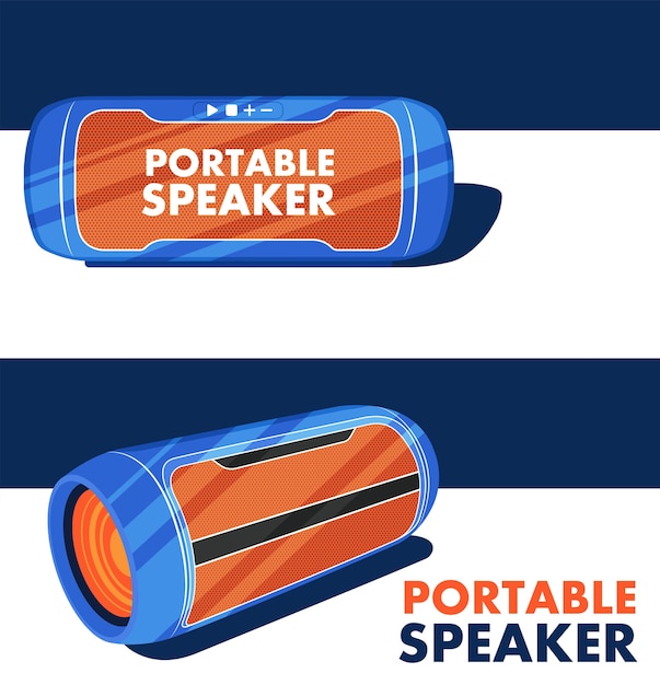 Portable wireless speaker. Modern mobile audio gadget for connecting to other device.  in flat style. Blue and orange digital stereo loudspeaker. Audio electronics promotion