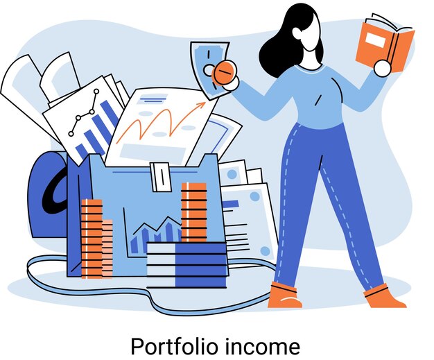 Vector portfolio income receiving high current profit in form of dividend and interest payment share price growth stock exchange trading investment source of income business concept with successful deal