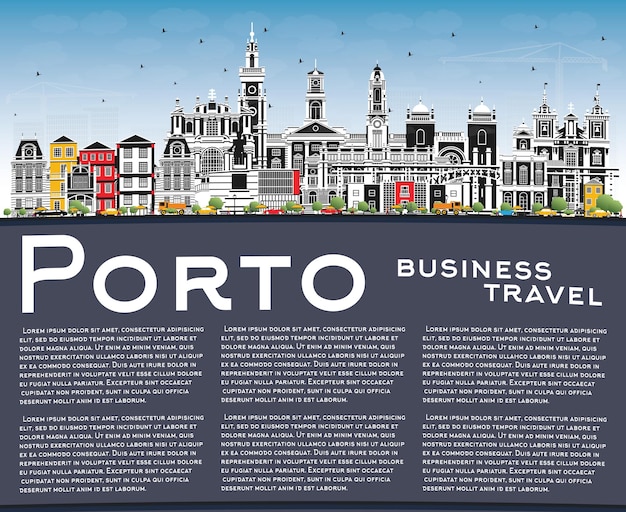 Porto Portugal City Skyline with Color Buildings Blue Sky and Copy Space