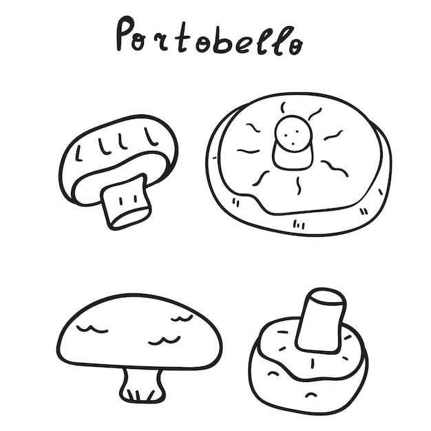 Portobello mushroom. Collection of outline icons on white background.