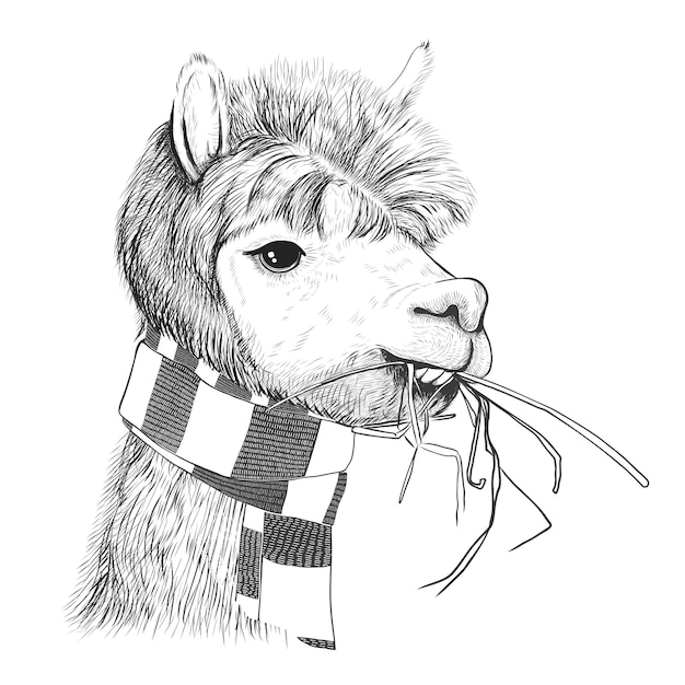 Portrait of alpacas, llamas. Lama in a scarf.