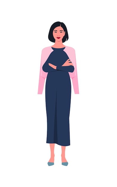 Portrait of an Asian woman stands fulllength with arms crossed Vector flat illustration