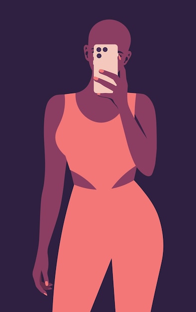 Portrait of a bald African woman shooting selfie on front camera Vector flat illustration